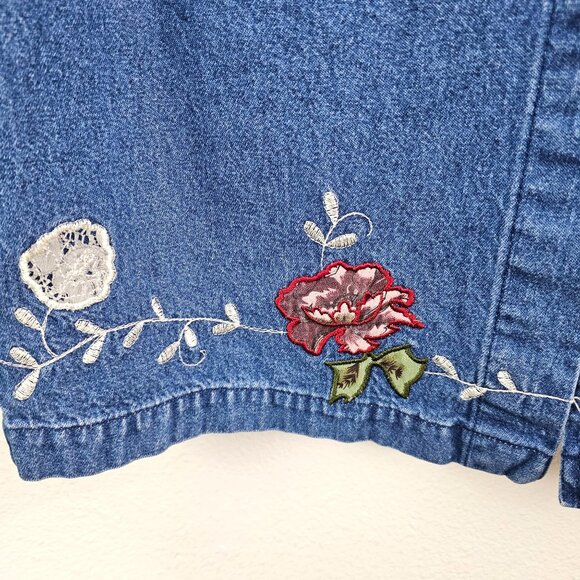 VTG Denim & Co Sz Large Floral Embroidered Maxi Denim Skirt Pockets Blue Jean - Picture 2 of 9